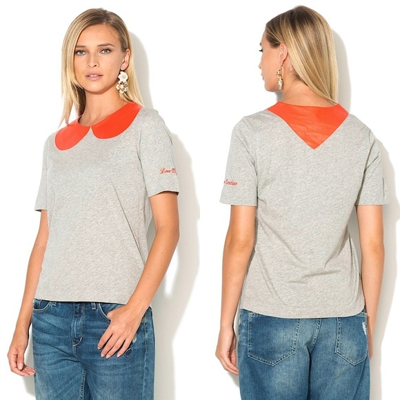 LOVE MOSCHINO Colorblock Peter Pan Collar Logo Embroidered Short Sleeve Tee M - Picture 1 of 8